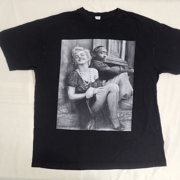 Marilyn Monroe & Tupac Graphic Tee Black Crew Neck Short Sleeve Hip Hop - Picture 1 of 6